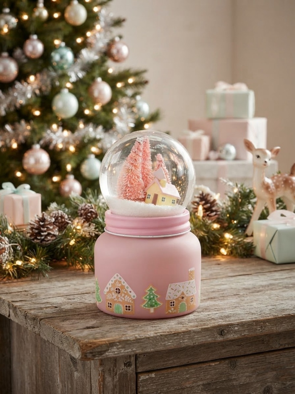 Pink Holiday Village Snow Globe Candle – Peppermint Buttercream Scented